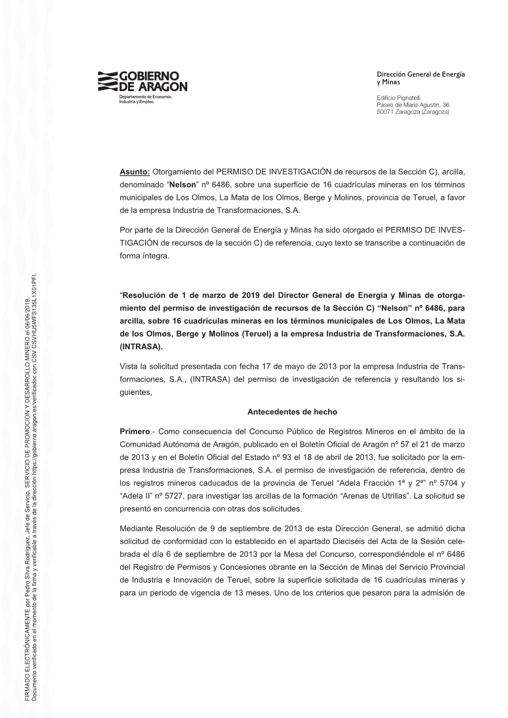 Permiso De Investigación "Nelson" Nº 6486. Resolución, Plano E Informe