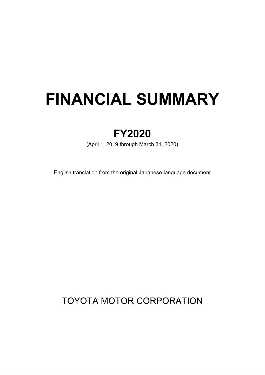 Financial Summary Fy2020