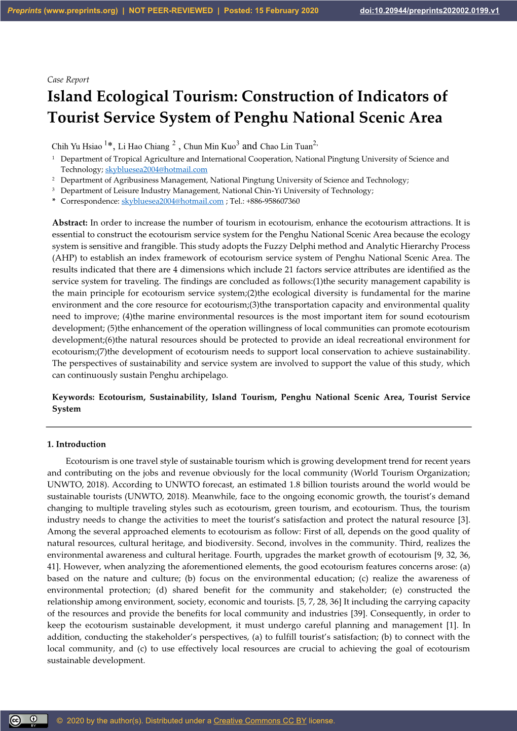 Island Ecological Tourism: Construction of Indicators of Tourist Service System of Penghu National Scenic Area