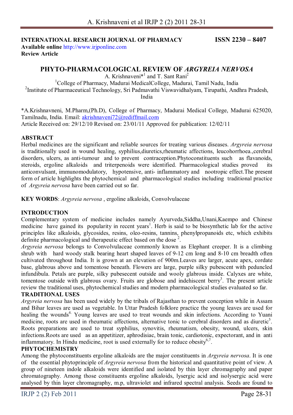 Phyto-Pharmacological Review of Argyreia Nervosa A