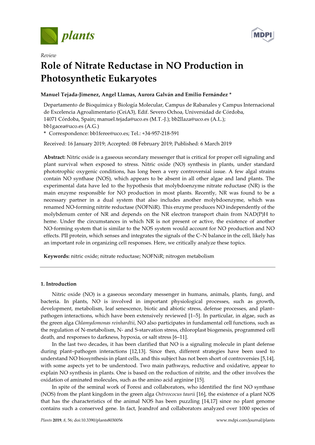 Role of Nitrate Reductase in NO Production in Photosynthetic Eukaryotes