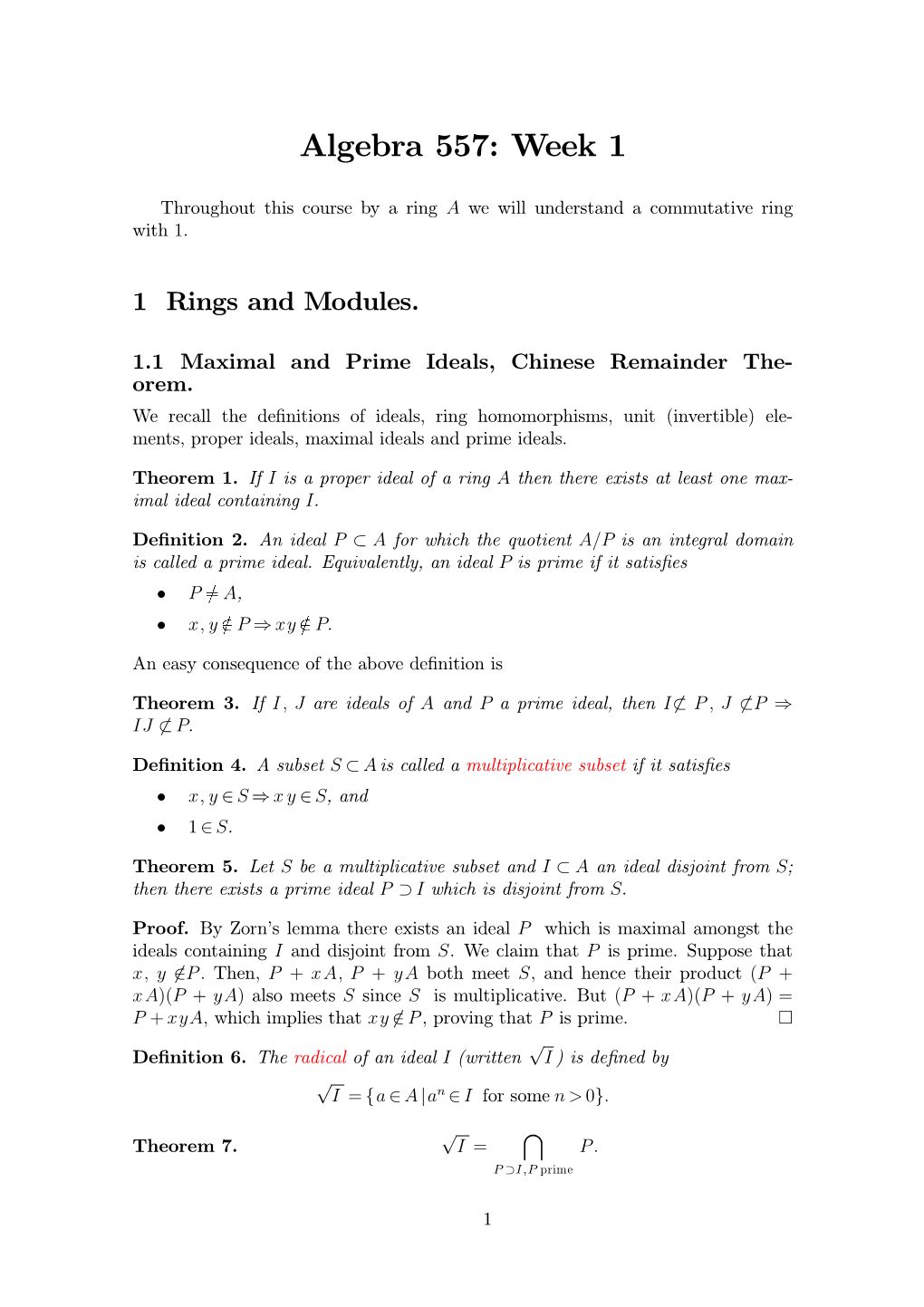 Algebra 557: Week 1