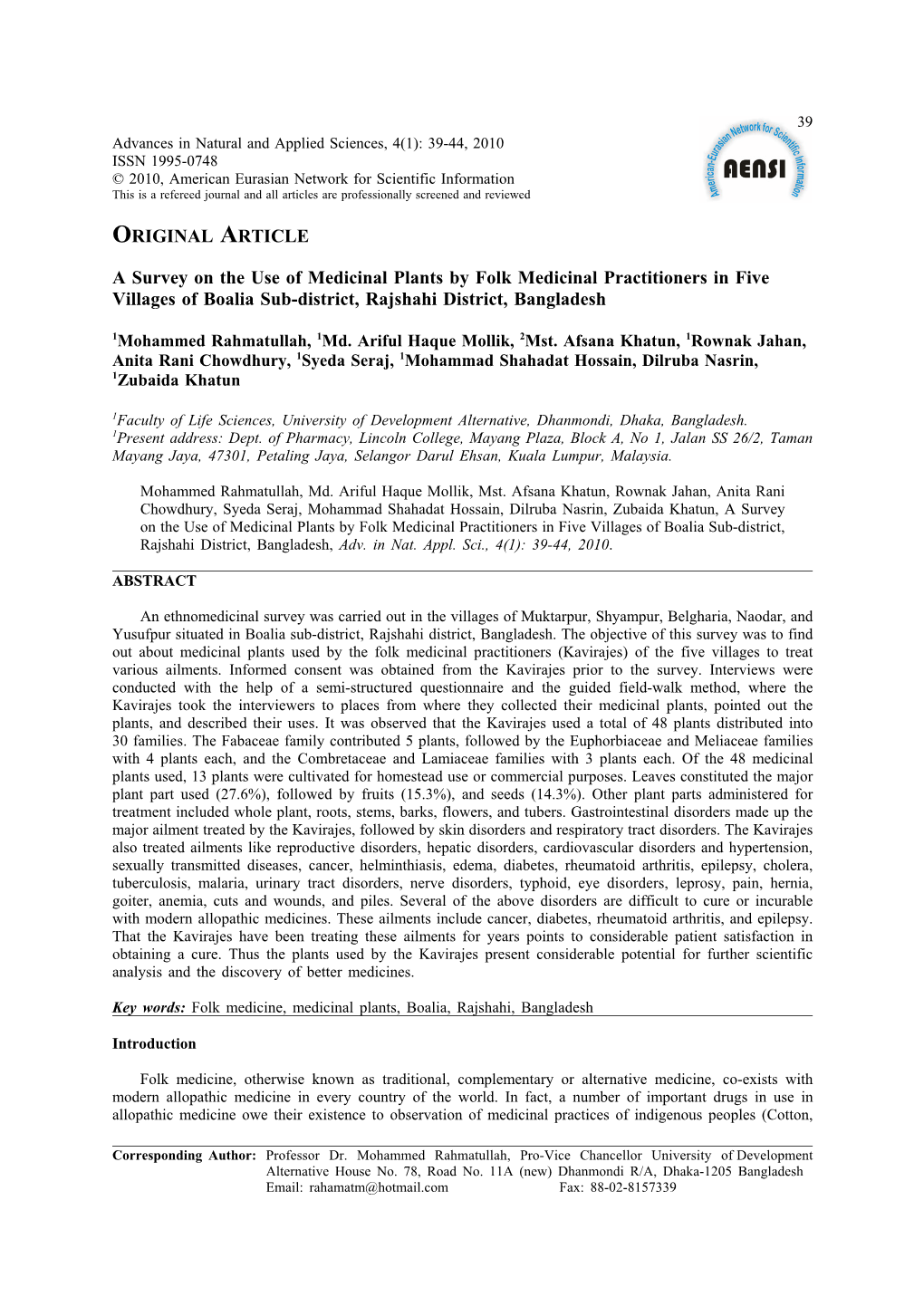 A Survey on the Use of Medicinal Plants by Folk Medicinal Practitioners in Five Villages of Boalia Sub-District, Rajshahi District, Bangladesh