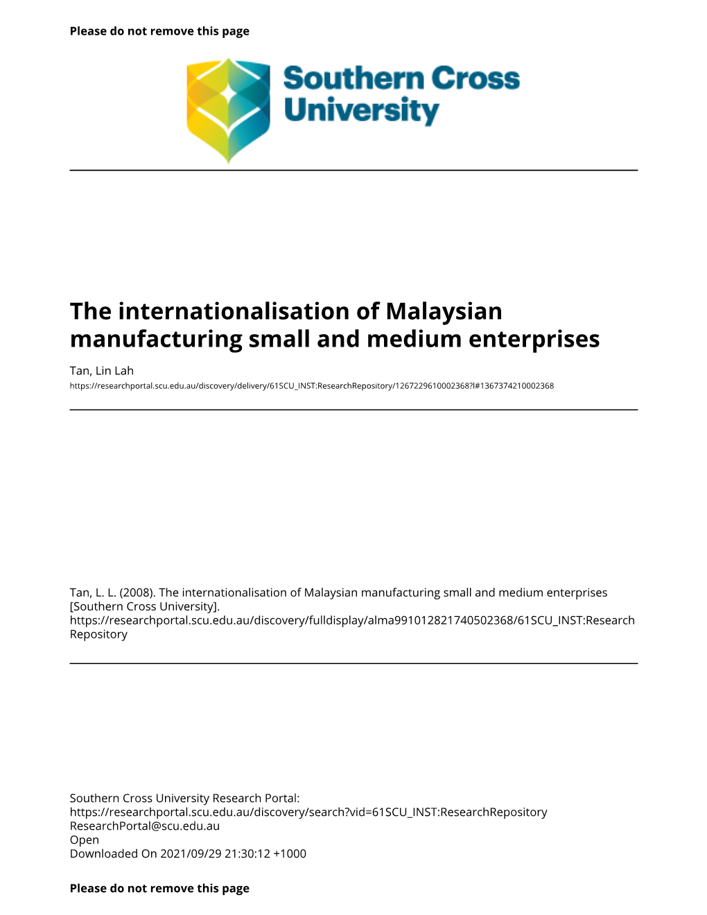 The Internationalisation of Malaysian Manufacturing Small and Medium Enterprises