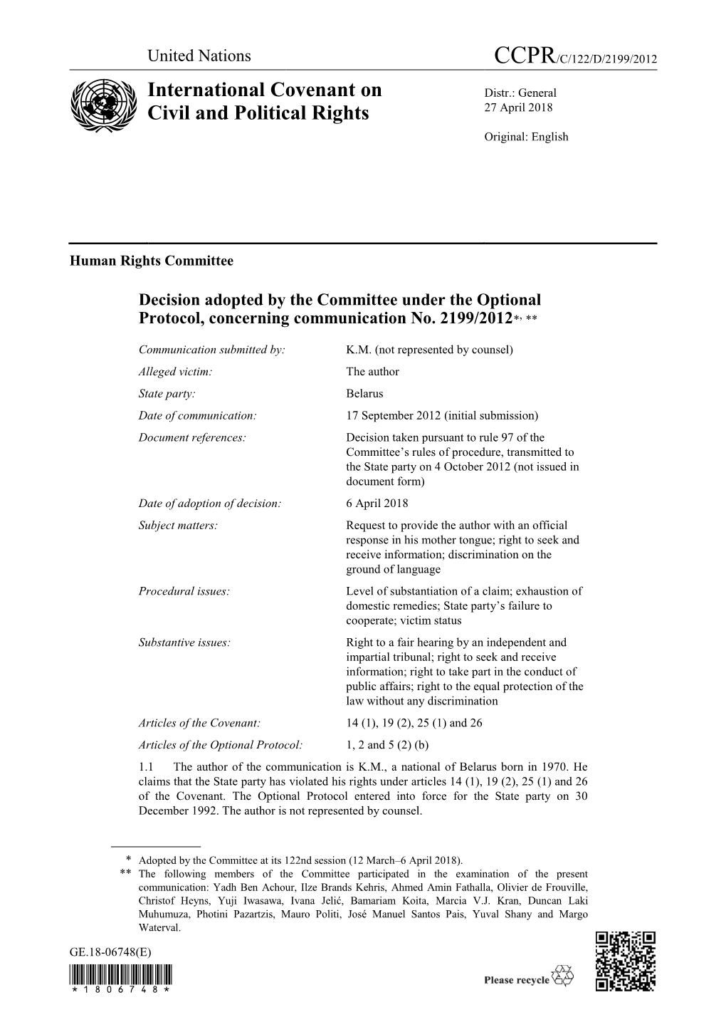 Page 1 GE.18-06748(E) Human Rights Committee Decision