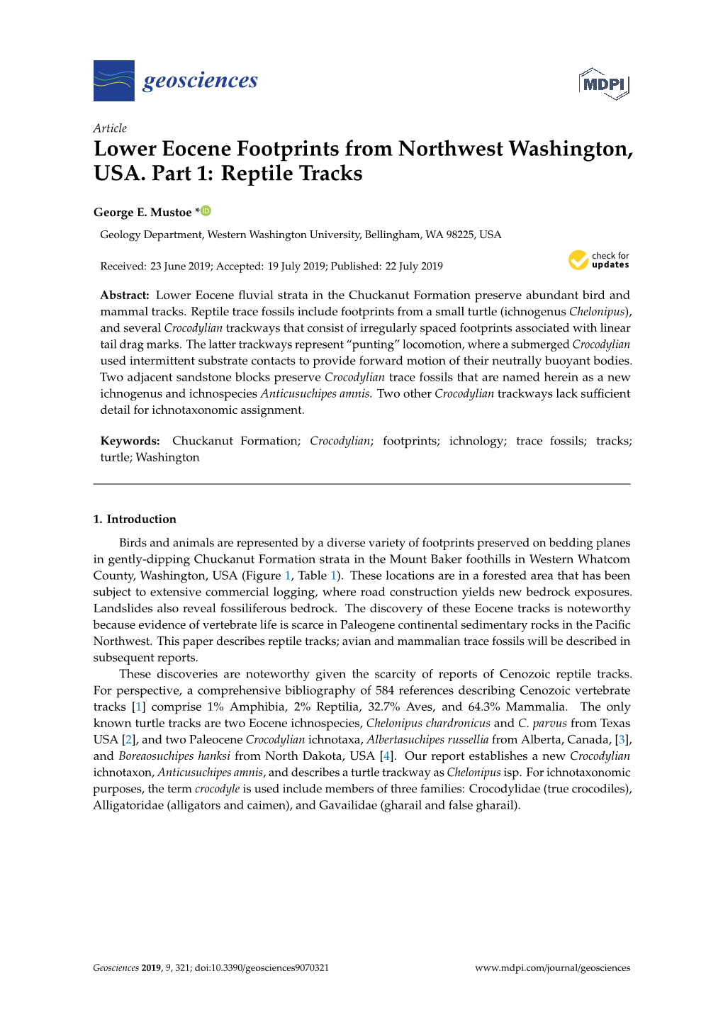 Lower Eocene Footprints from Northwest Washington, USA. Part 1: Reptile Tracks