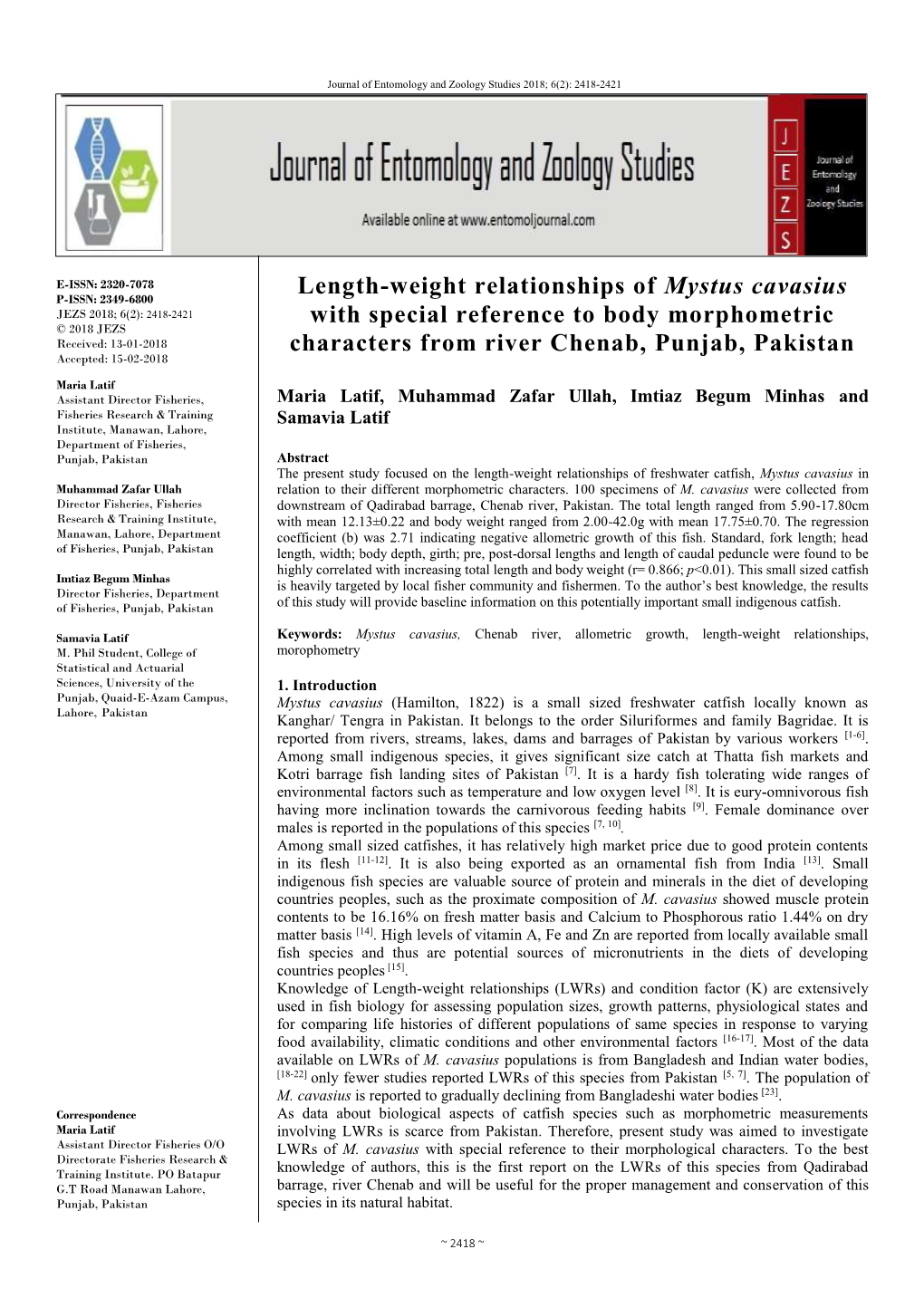 Length-Weight Relationships of Mystus Cavasius with Special Reference To