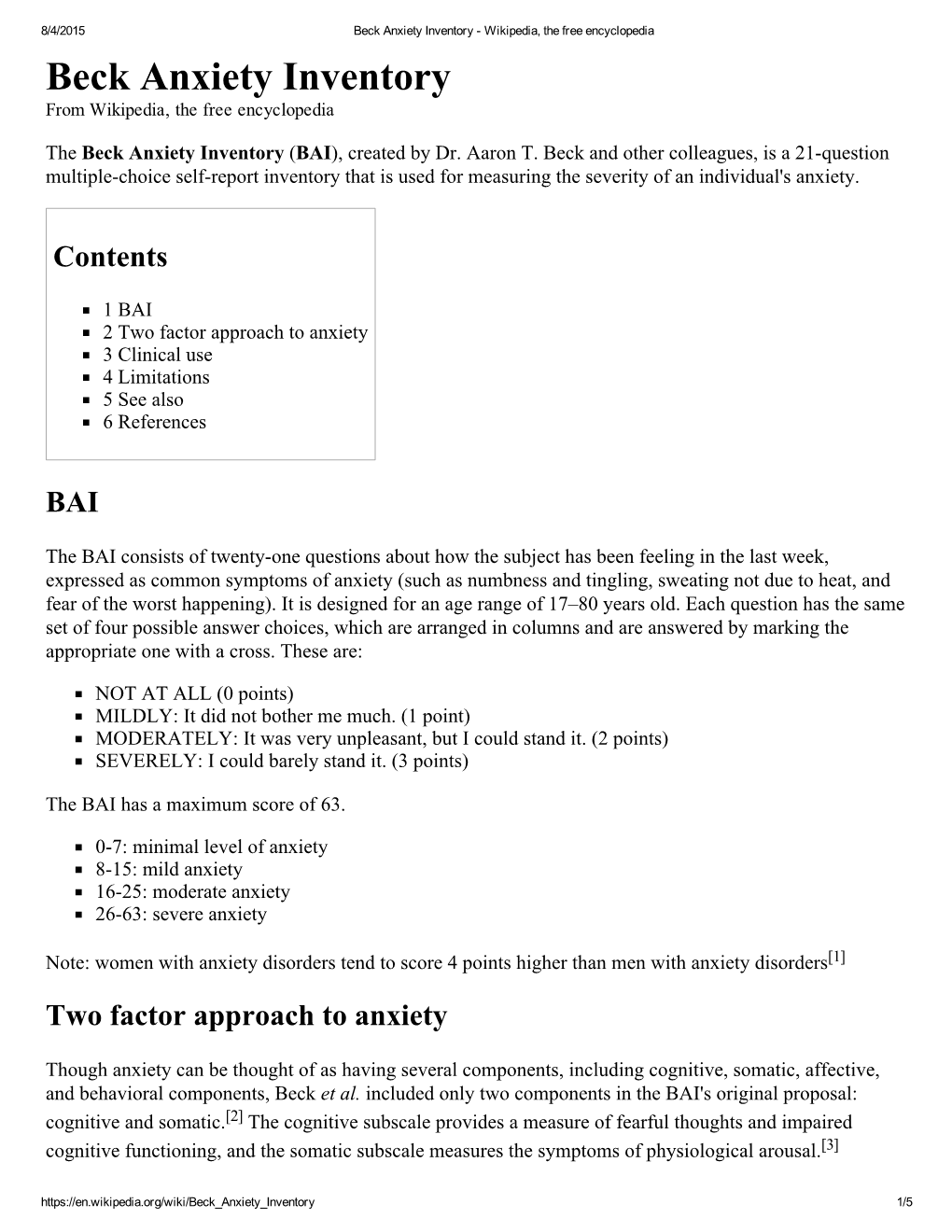 Beck Anxiety Inventory ­ Wikipedia, the Free Encyclopedia Beck Anxiety Inventory from Wikipedia, the Free Encyclopedia