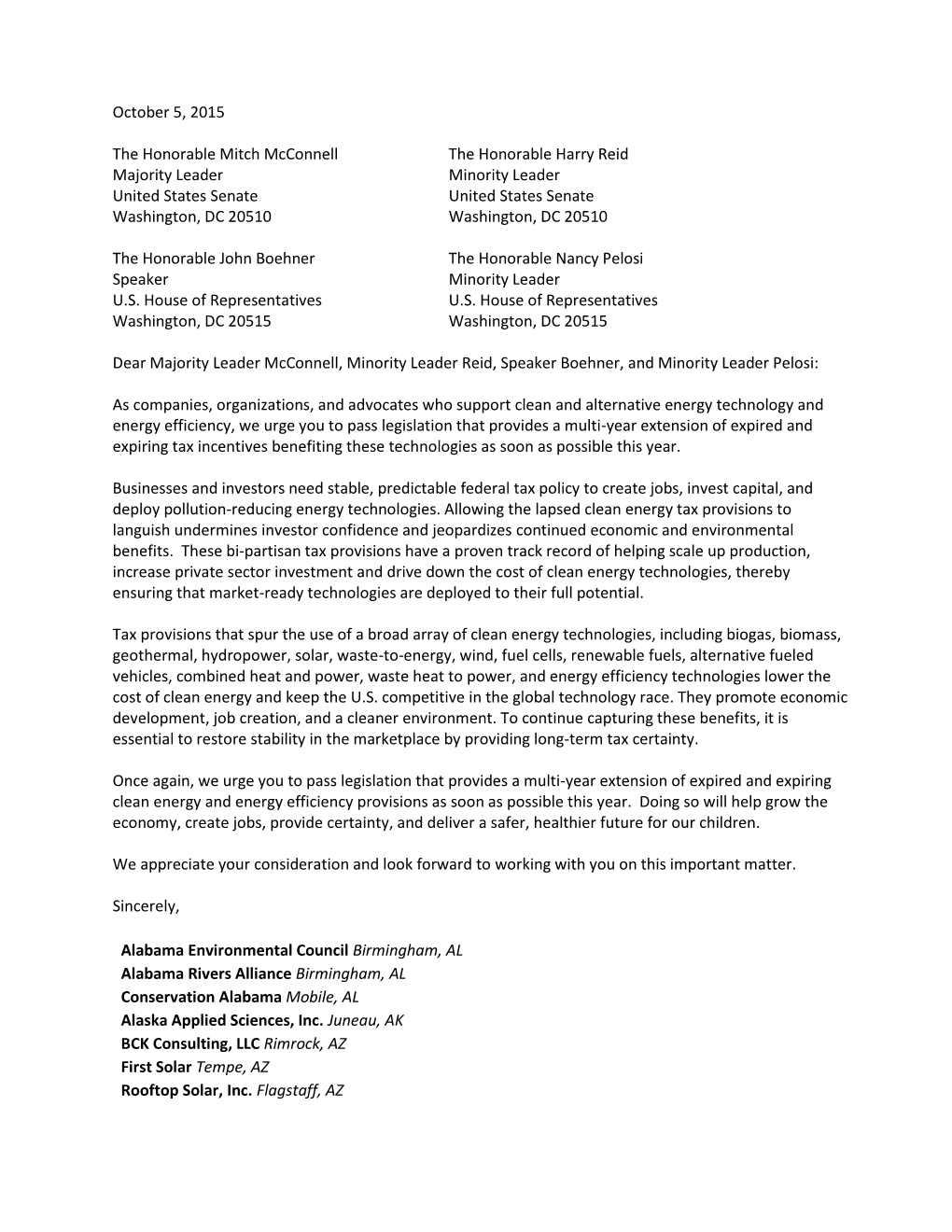 Clean Energy Coalition Letter to Congress on Tax Extenders