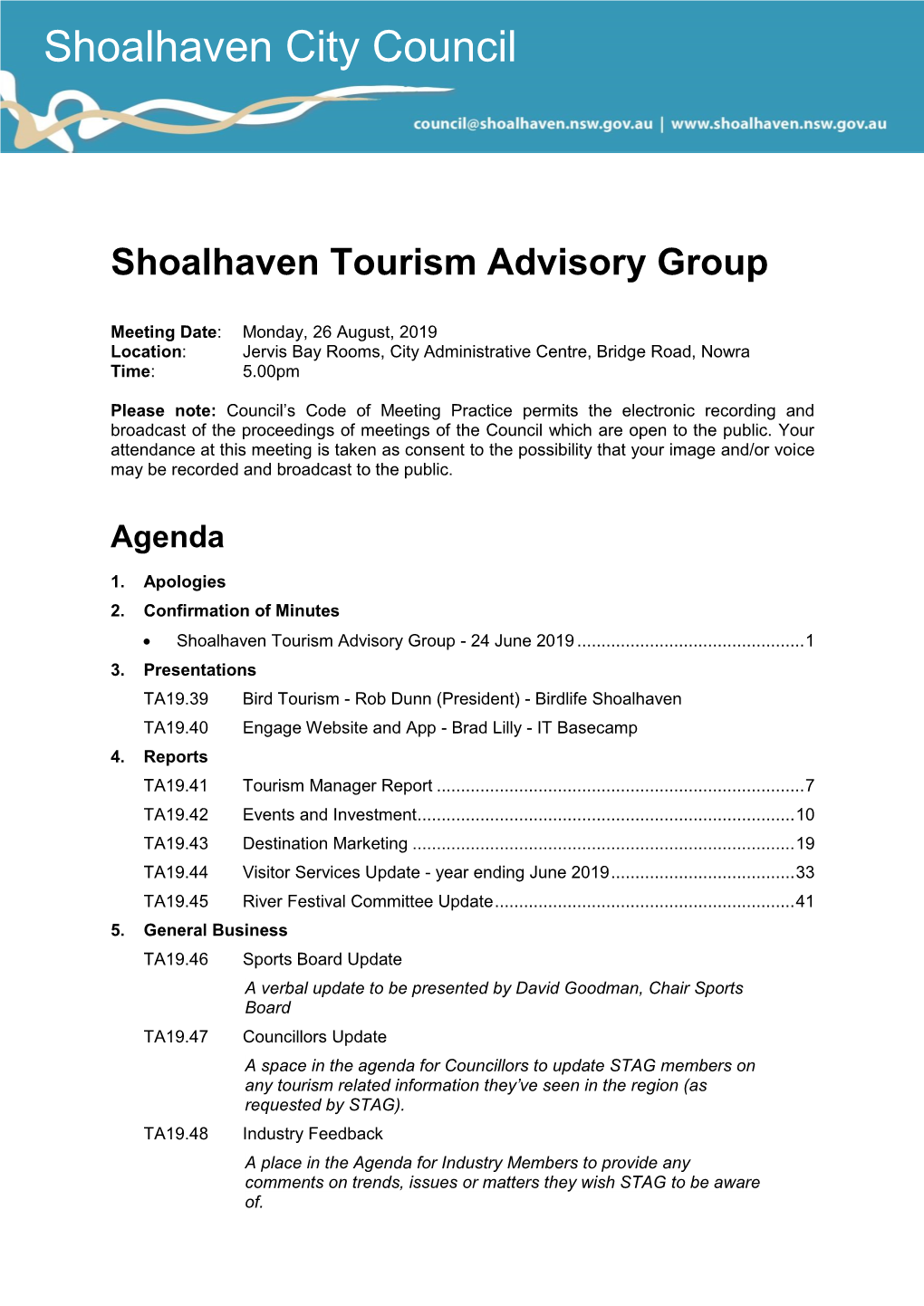 Agenda of Shoalhaven Tourism Advisory Group