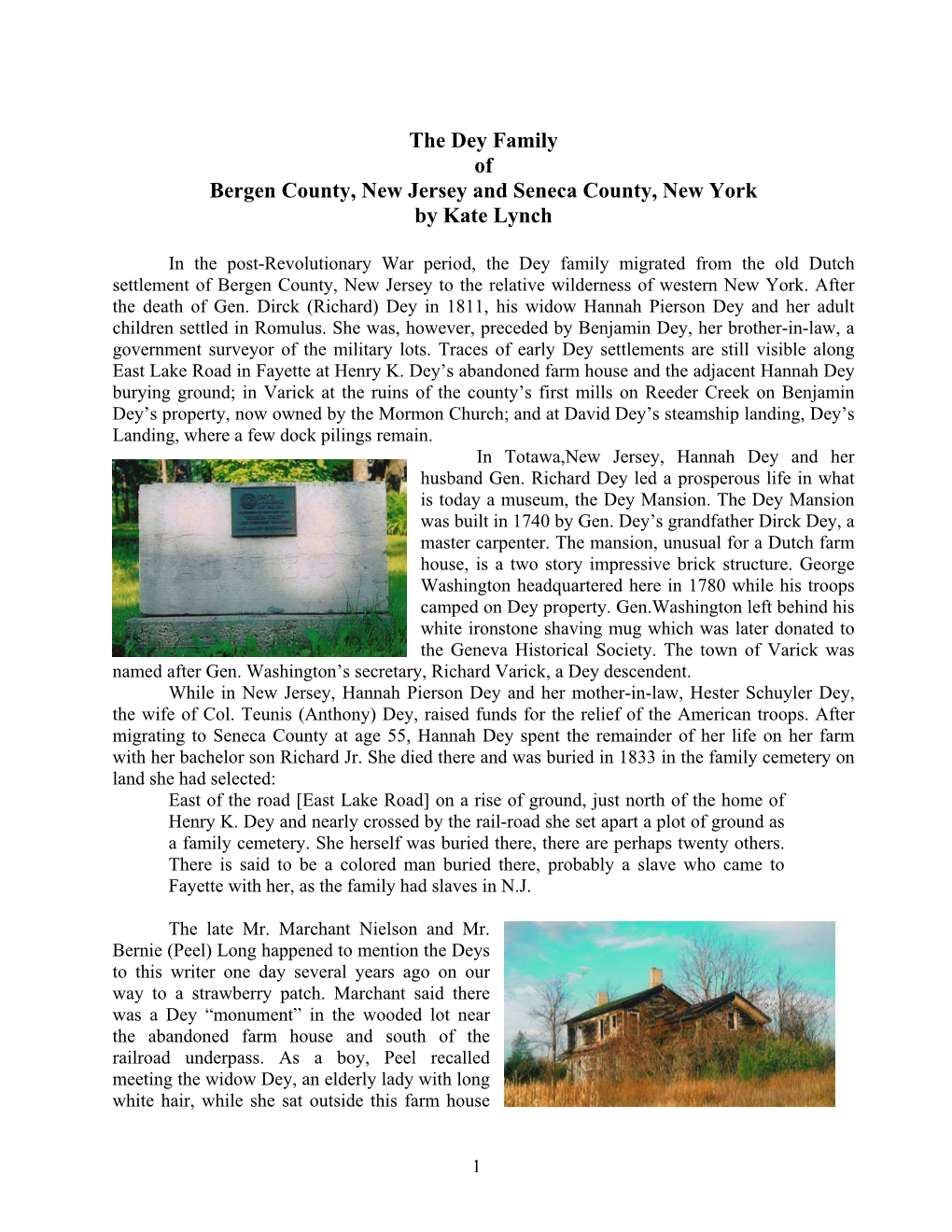 Dey Family of Bergen County, New Jersey and Seneca County, New York by Kate Lynch