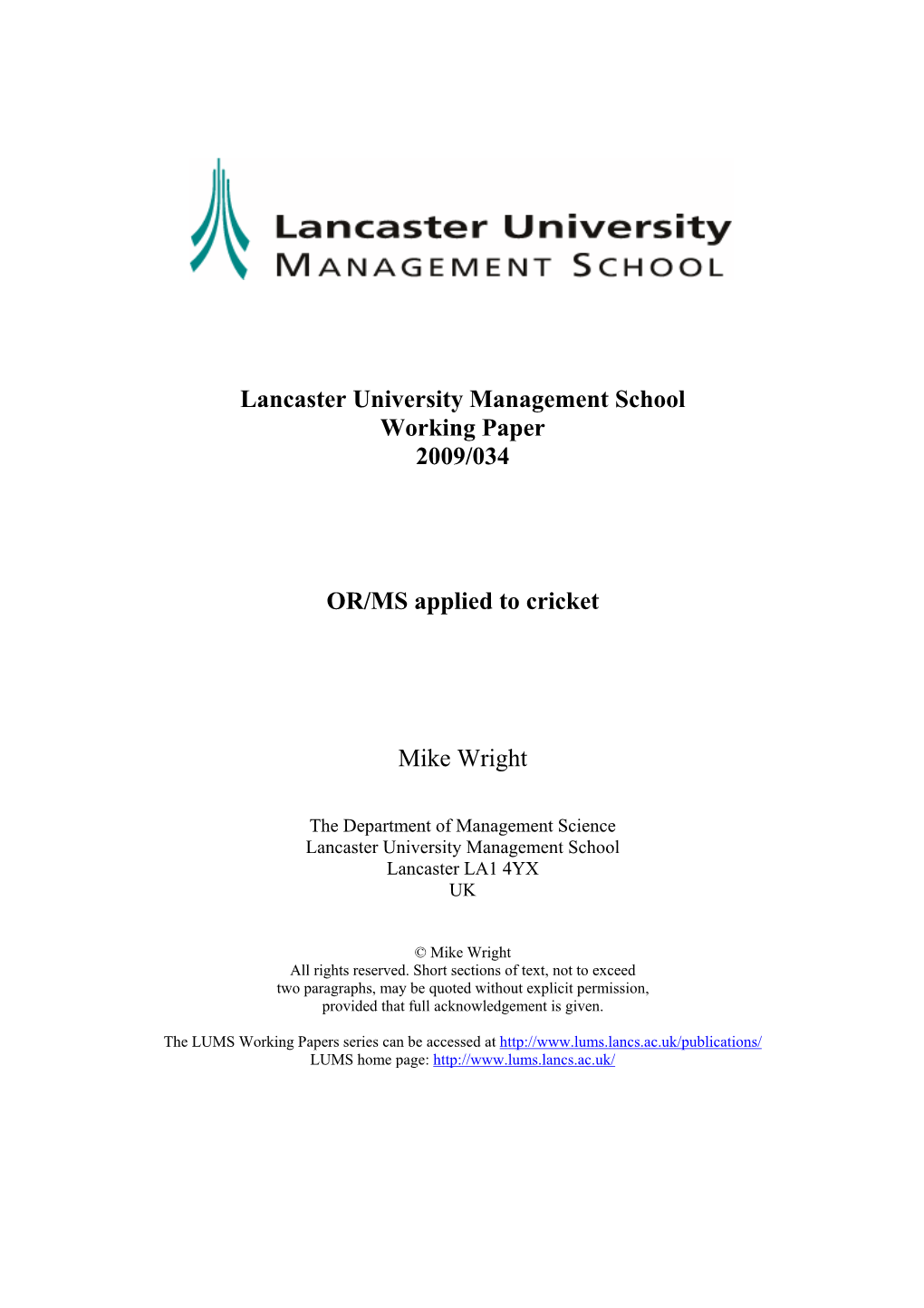 Lancaster University Management School Working Paper 2009/034