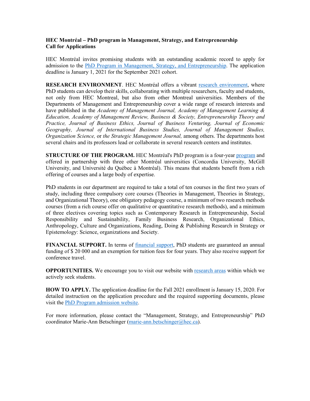 HEC Montréal – Phd Program in Management, Strategy, and Entrepreneurship Call for Applications