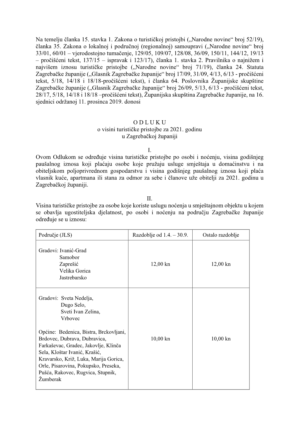 Odluka O Visini Turističke Pristojbe Za 2021. Godinu U Zagrebačkoj