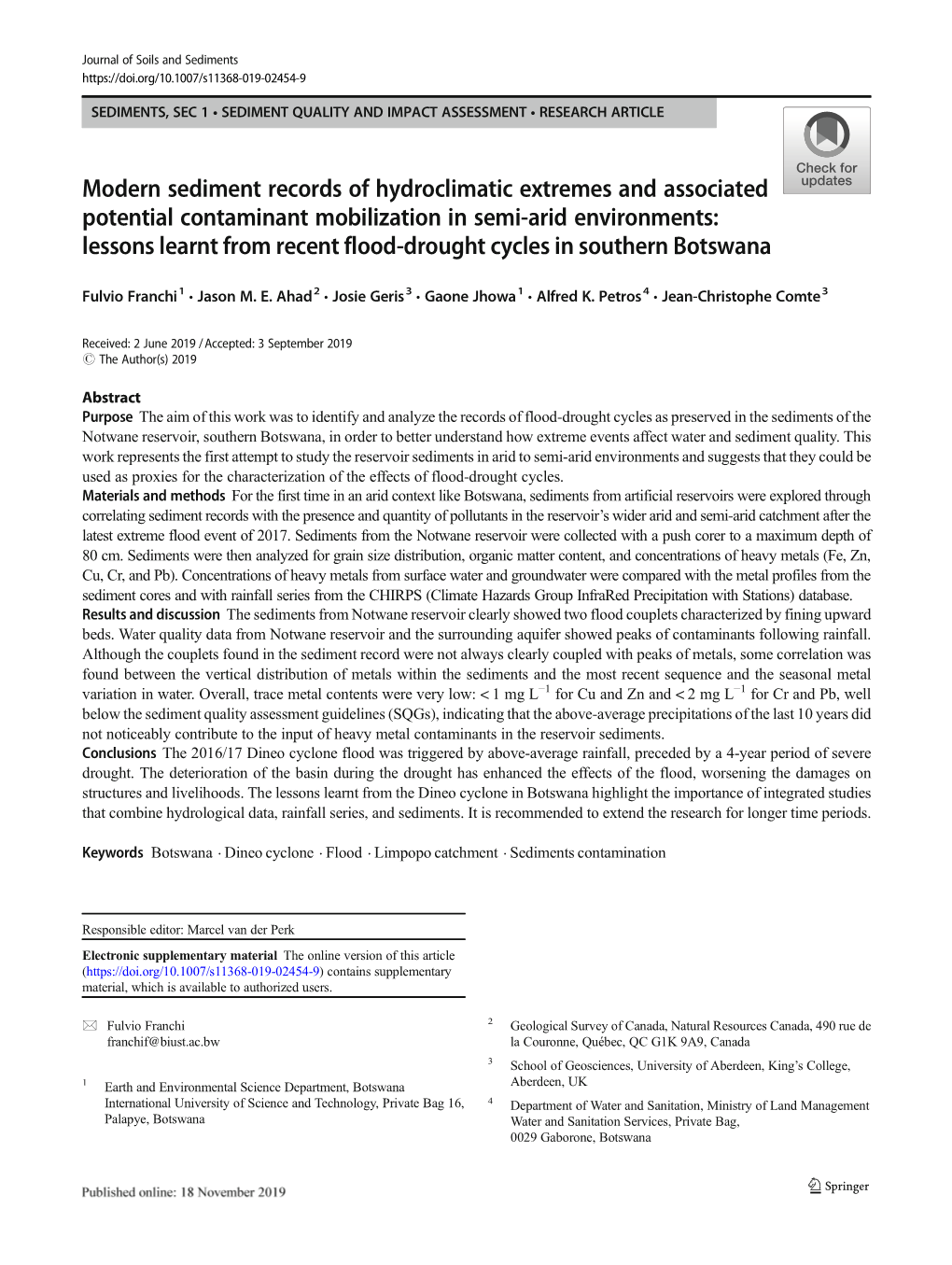 Modern Sediment Records of Hydroclimatic Extremes and Associated Potential Contaminant Mobilization in Semi-Arid Environments: L