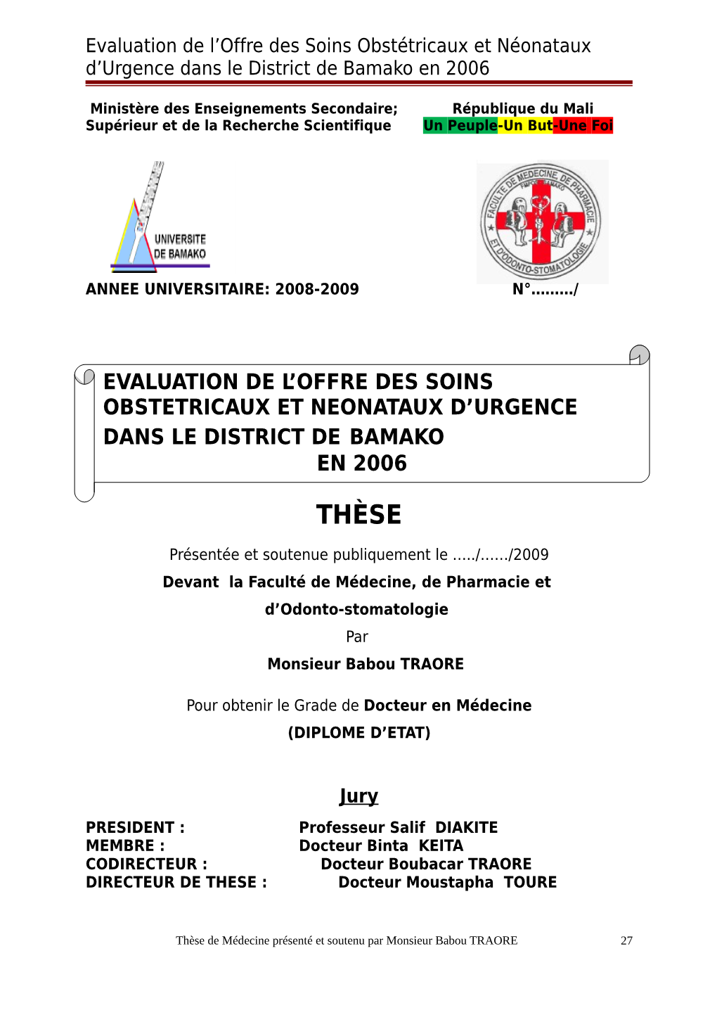 Evaluation De L'offre Des Soins Obstétricaux Et Néonataux D