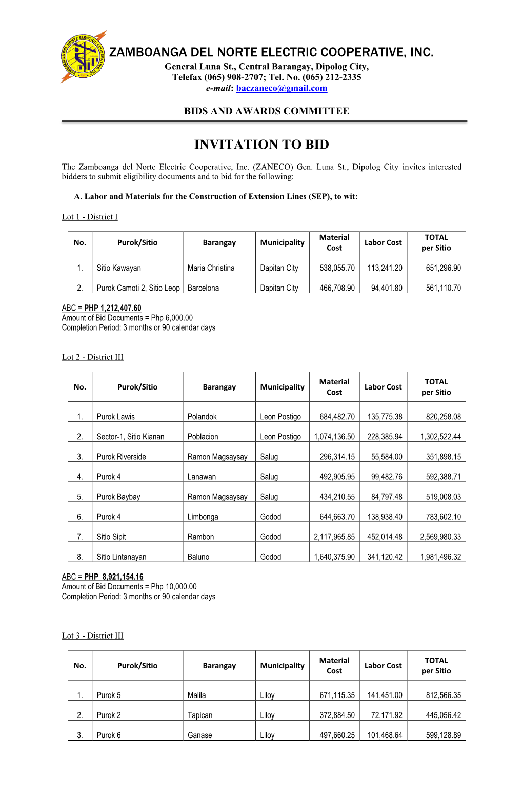 Invitation to Bid Zamboanga Del Norte Electric Cooperative, Inc