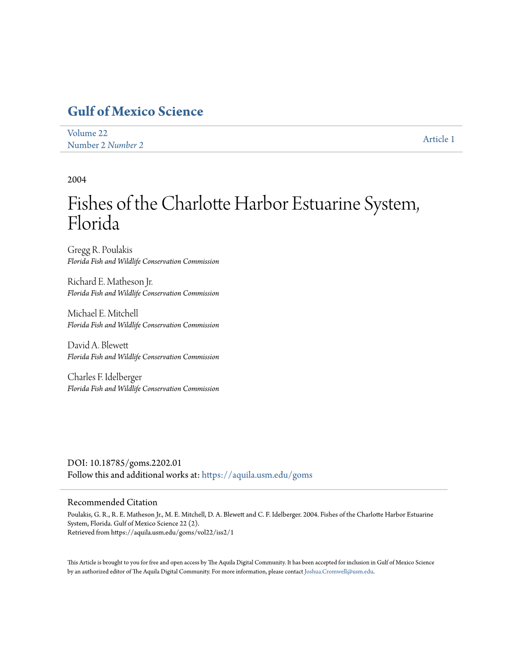 Fishes of the Charlotte Harbor Estuarine System, Florida Gregg R