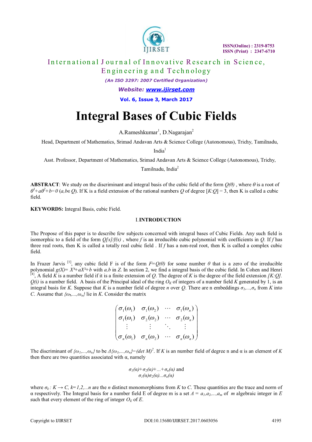 Integral Bases of Cubic Fields