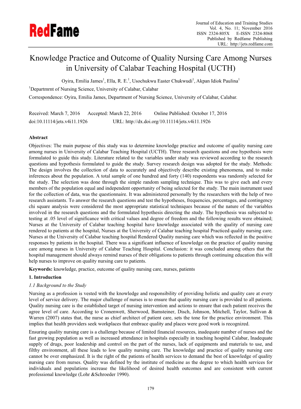 Knowledge Practice and Outcome of Quality Nursing Care Among Nurses in University of Calabar Teaching Hospital (UCTH)