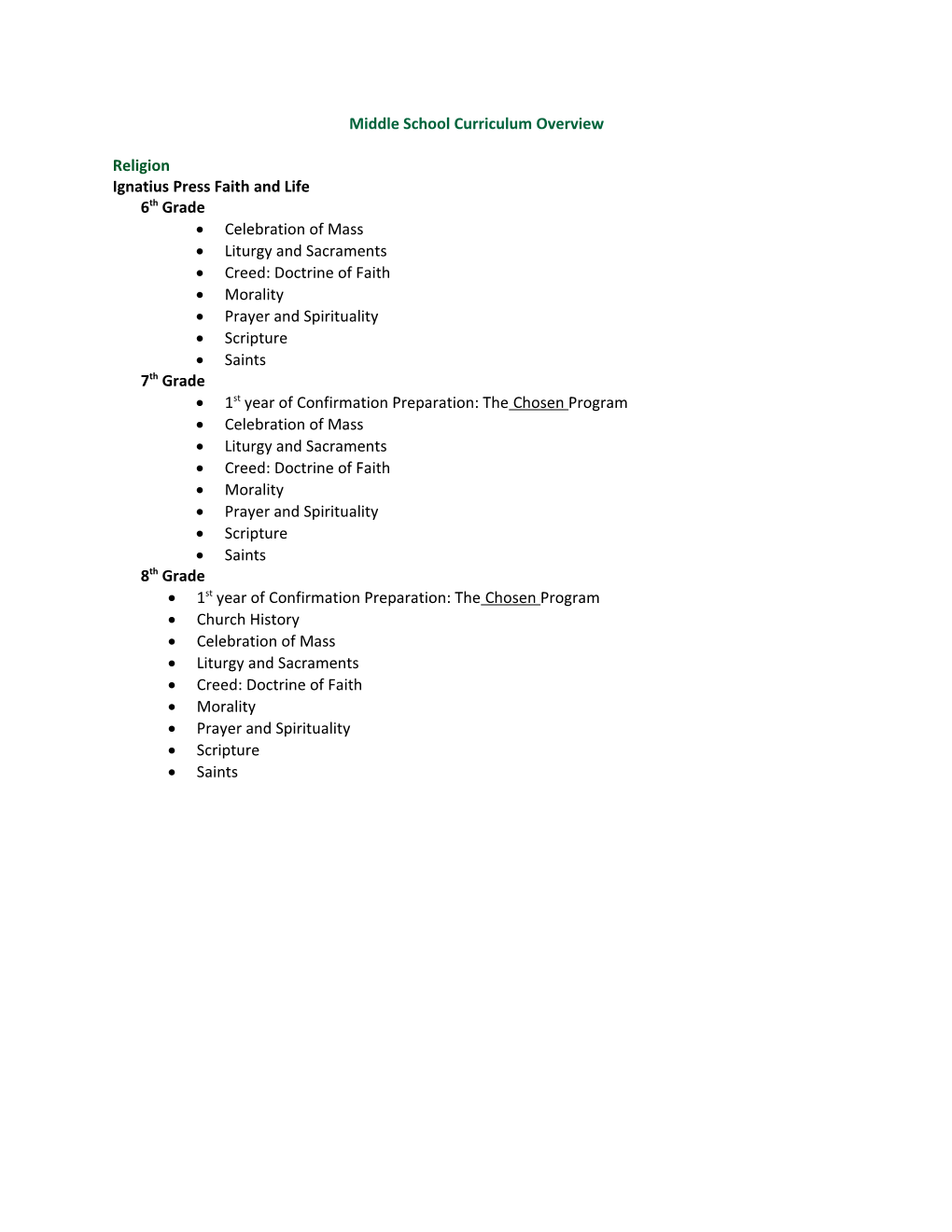 Middle School Curriculum Overview