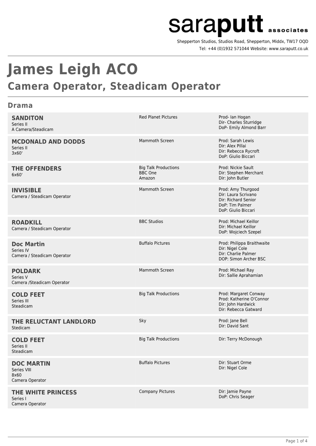 James Leigh ACO Camera Operator, Steadicam Operator