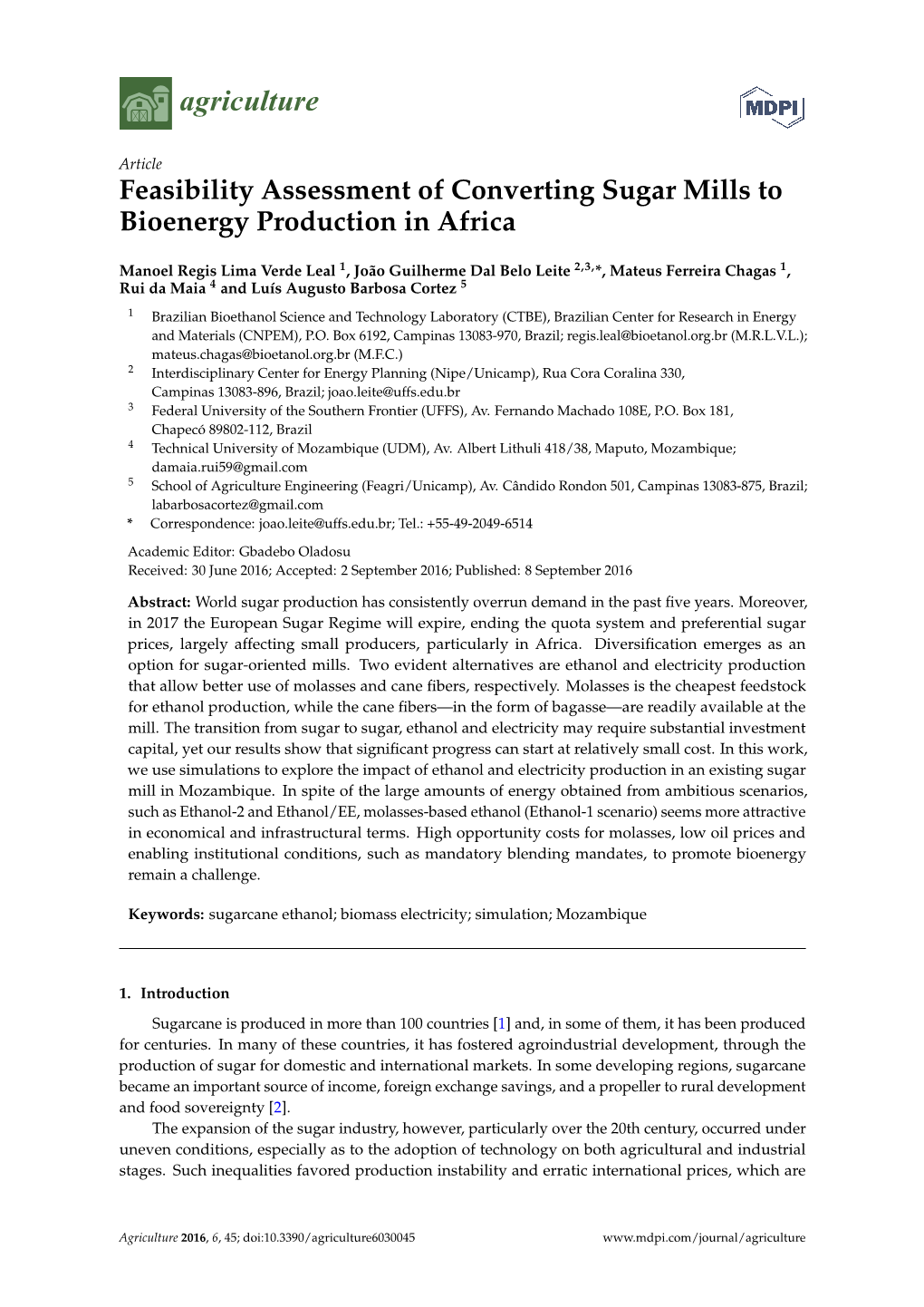 Feasibility Assessment of Converting Sugar Mills to Bioenergy Production in Africa