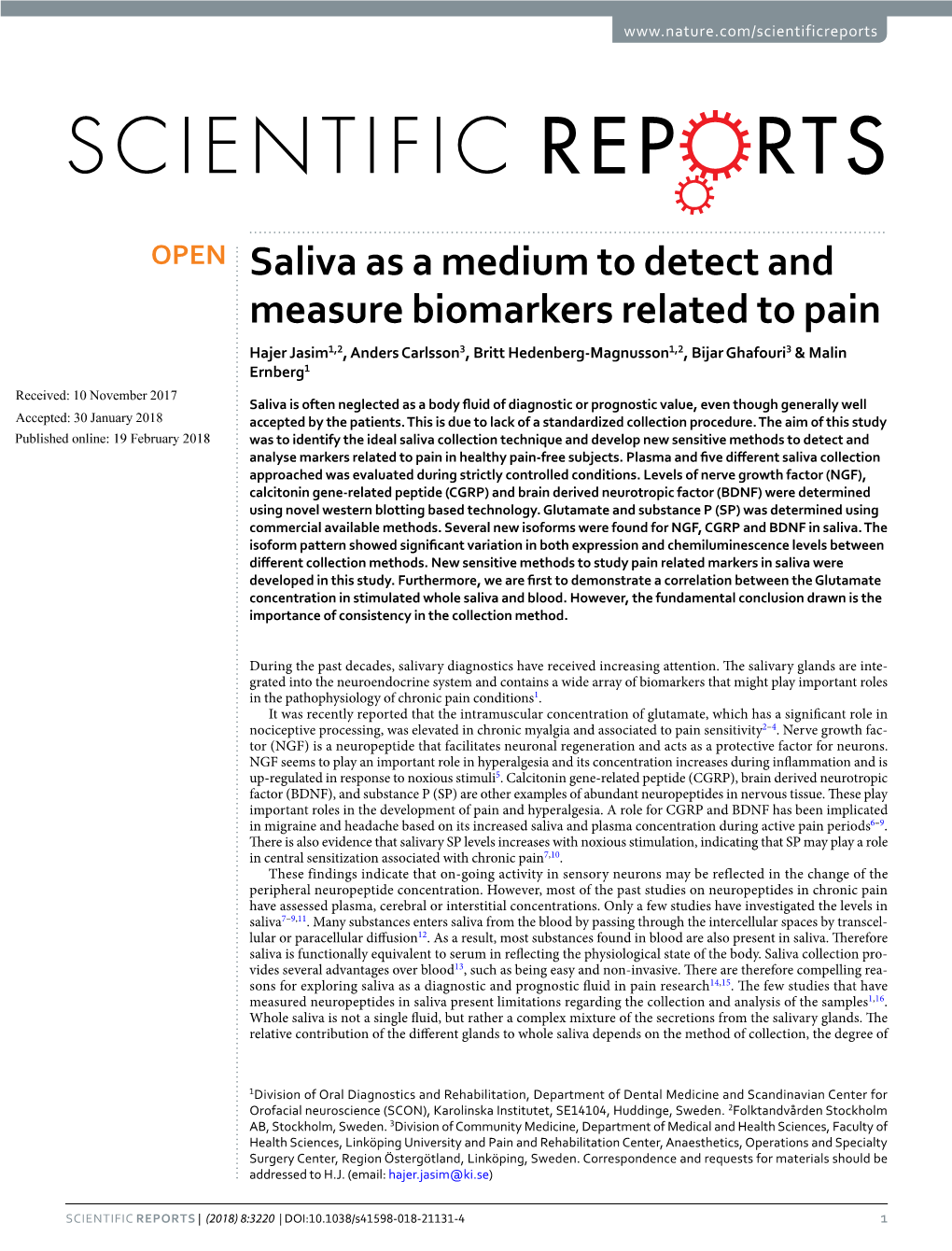Saliva As a Medium to Detect and Measure Biomarkers Related to Pain