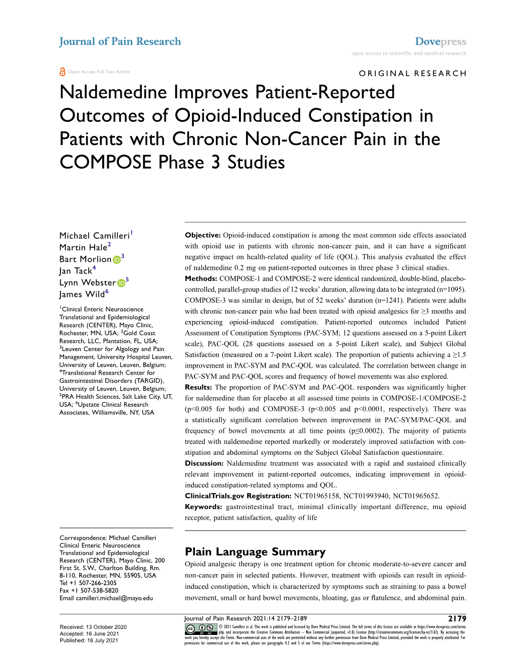 Naldemedine Improves Patient-Reported Outcomes of Opioid-Induced Constipation in Patients with Chronic Non-Cancer Pain in the COMPOSE Phase 3 Studies
