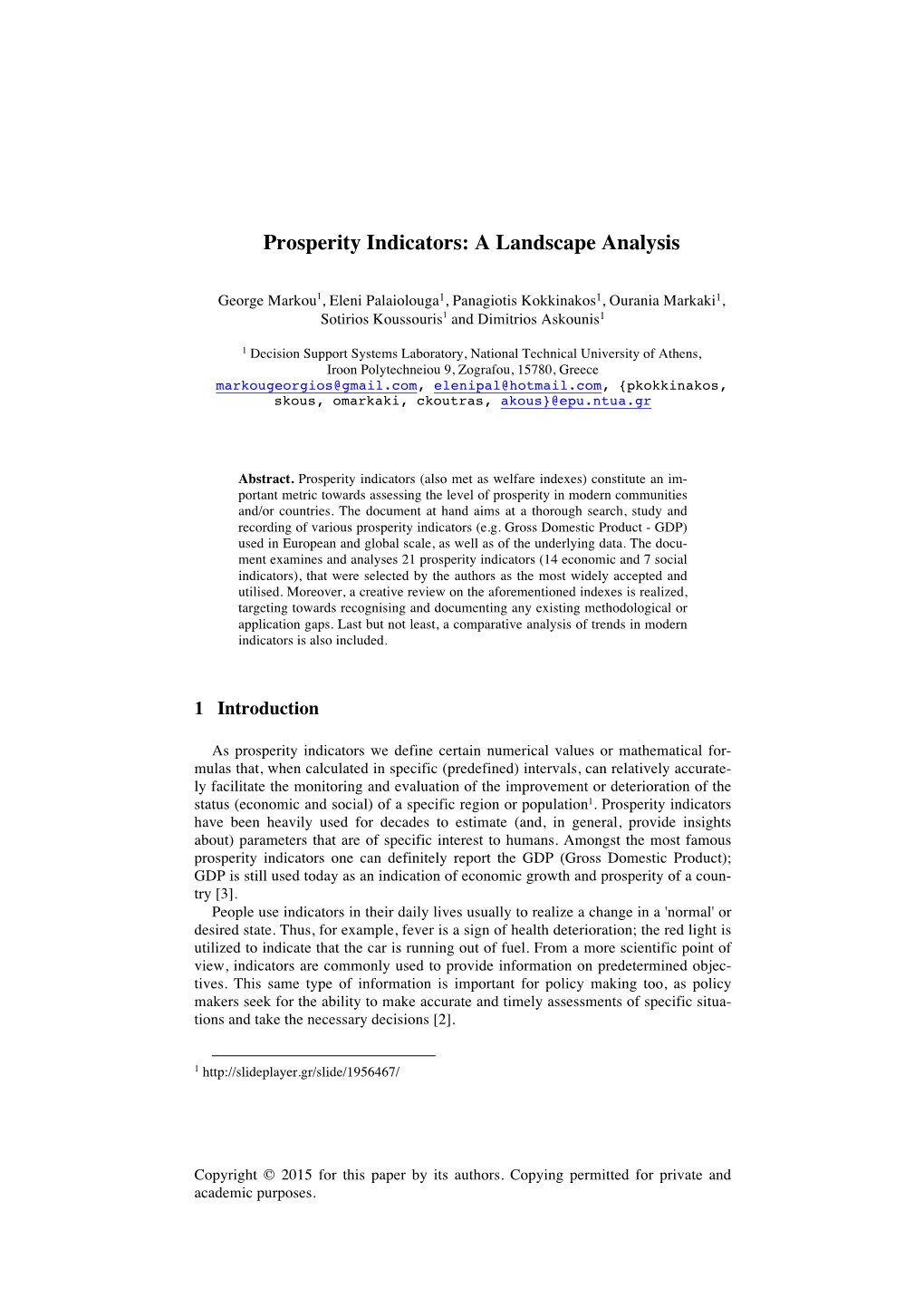 Prosperity Indicators: a Landscape Analysis