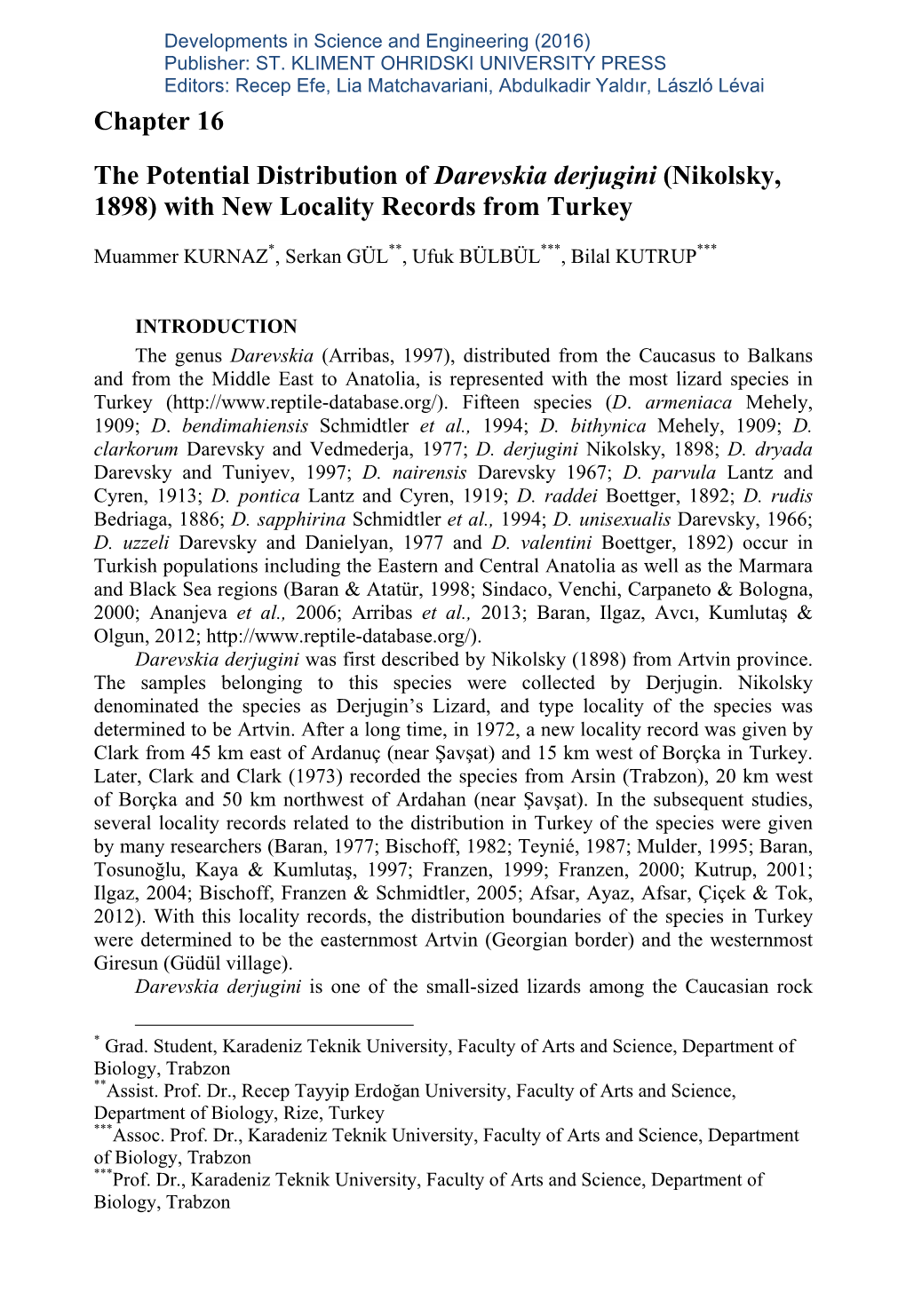 Chapter 16 the Potential Distribution of Darevskia Derjugini