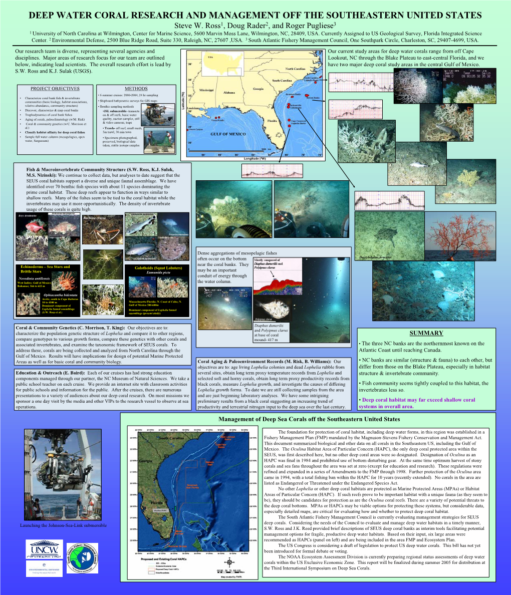 DEEP WATER CORAL RESEARCH and MANAGEMENT OFF the SOUTHEASTERN UNITED STATES Steve W