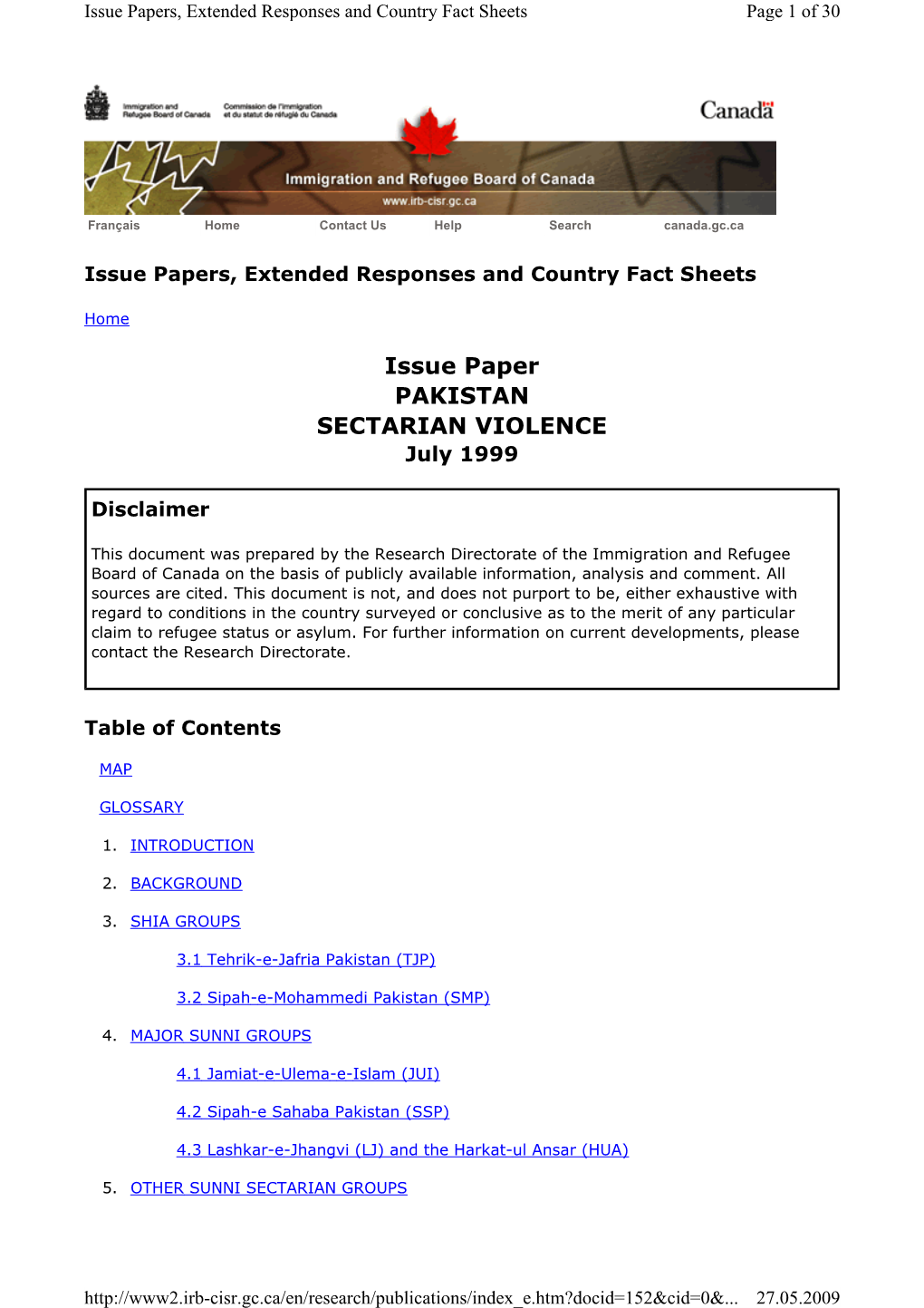 Issue Paper PAKISTAN SECTARIAN VIOLENCE July 1999