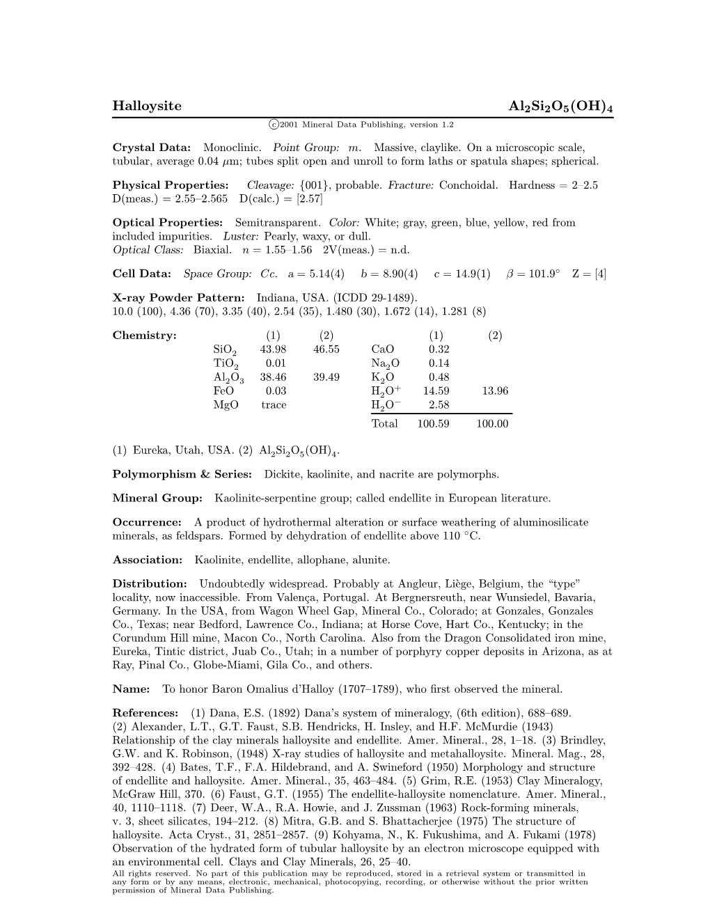 Halloysite Al2si2o5(OH)4 C 2001 Mineral Data Publishing, Version 1.2 ° Crystal Data: Monoclinic