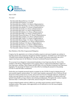 June 9, 2020 Via Email the Honorable Sherrod Brown, U.S. Senate the Honorable Rob Portman, U.S. Senate the Honorable Steve Chabo