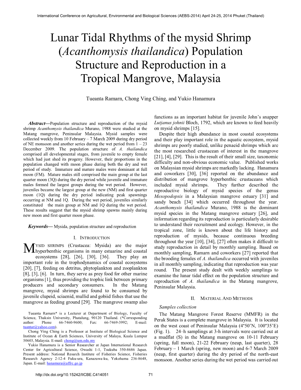 Lunar Tidal Rhythms of the Mysid Shrimp (Acanthomysis Thailandica) Population Structure and Reproduction in a Tropical Mangrove, Malaysia