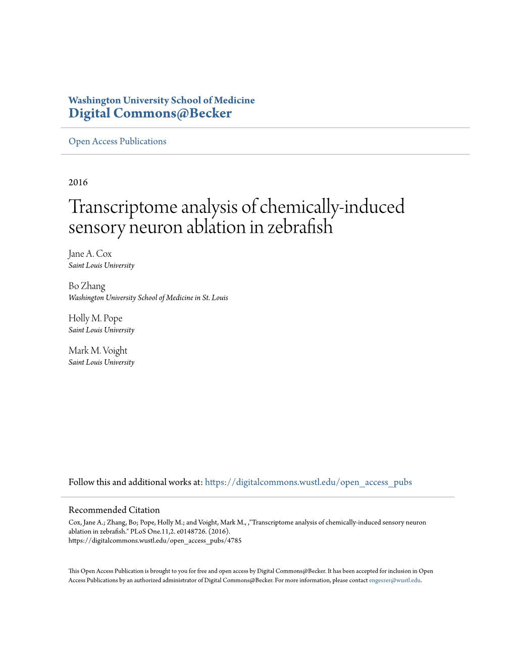 Transcriptome Analysis of Chemically-Induced Sensory Neuron Ablation in Zebrafish Jane A