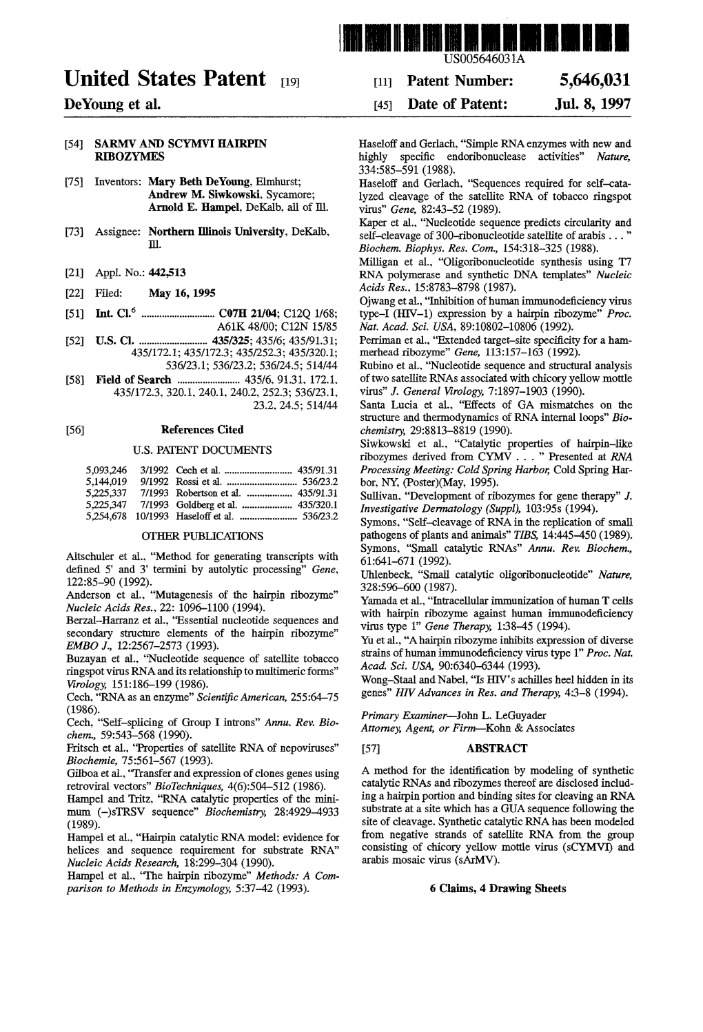 United States Patent 19 11 Patent Number: 5,646,031 Deyoung Et Al