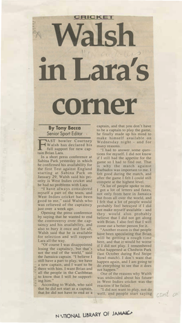 Walsh in Lara's Corner. by Tony Becca. the Gleaner