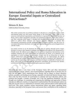 International Policy and Roma Education in Europe: Essential Inputs Or Centralized Distractions?1