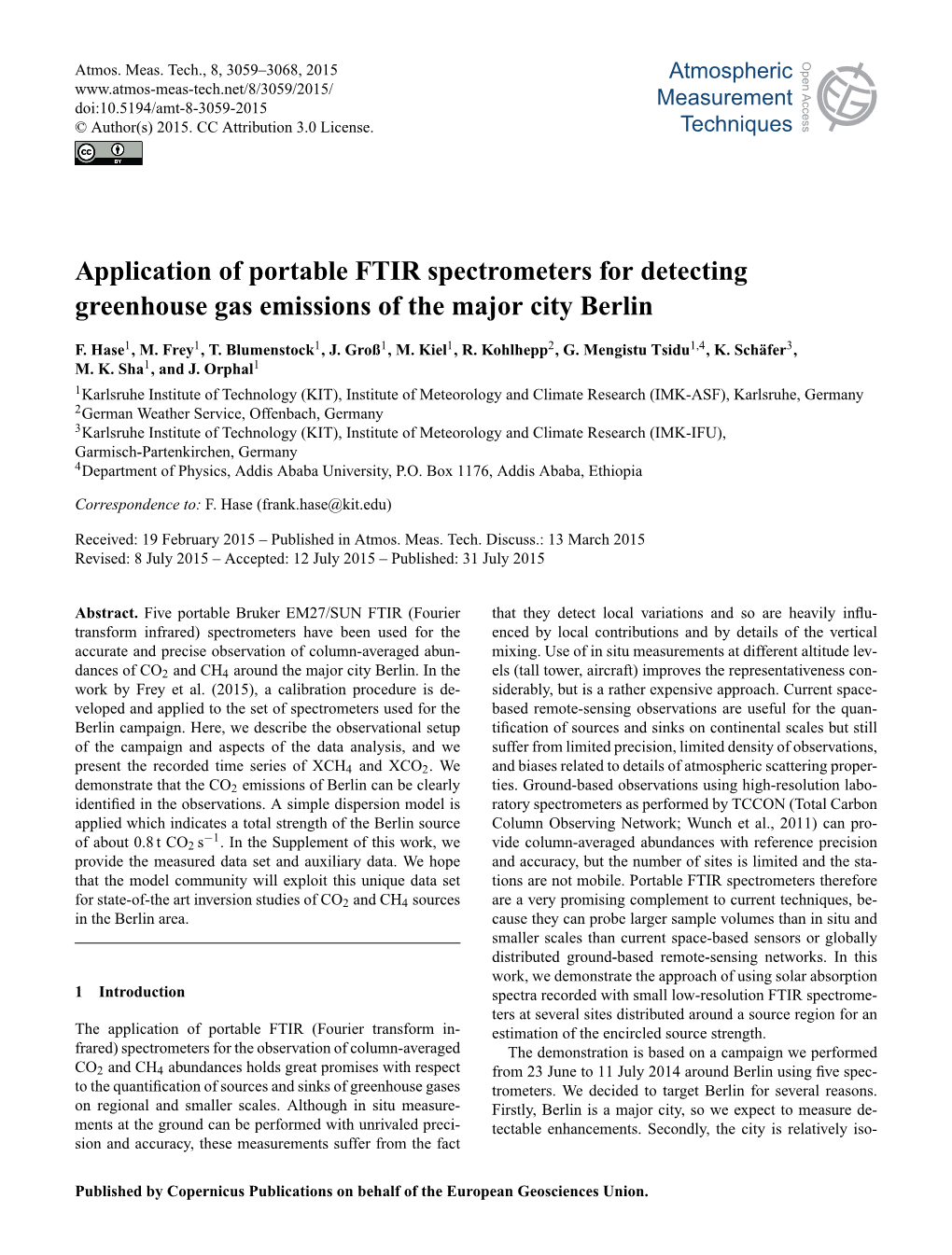 Application of Portable FTIR Spectrometers for Detecting Greenhouse Gas Emissions of the Major City Berlin