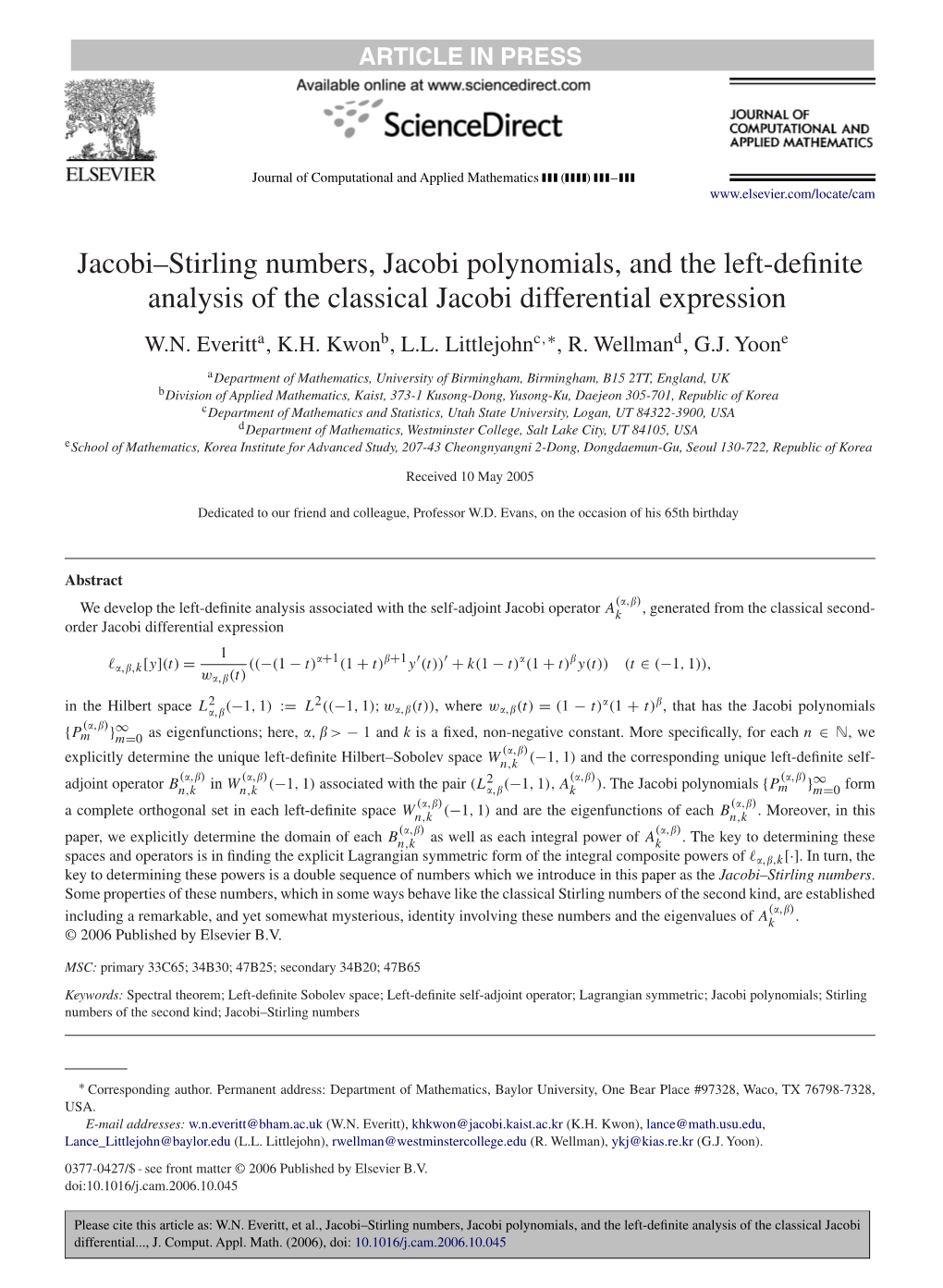 Jacobi–Stirling Numbers, Jacobi Polynomials, and the Left-Definite