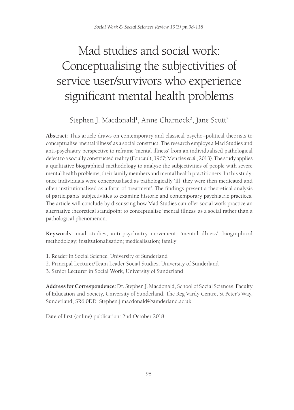 Mad Studies and Social Work: Conceptualising the Subjectivities of Service User/Survivors Who Experience Significant Mental Health Problems