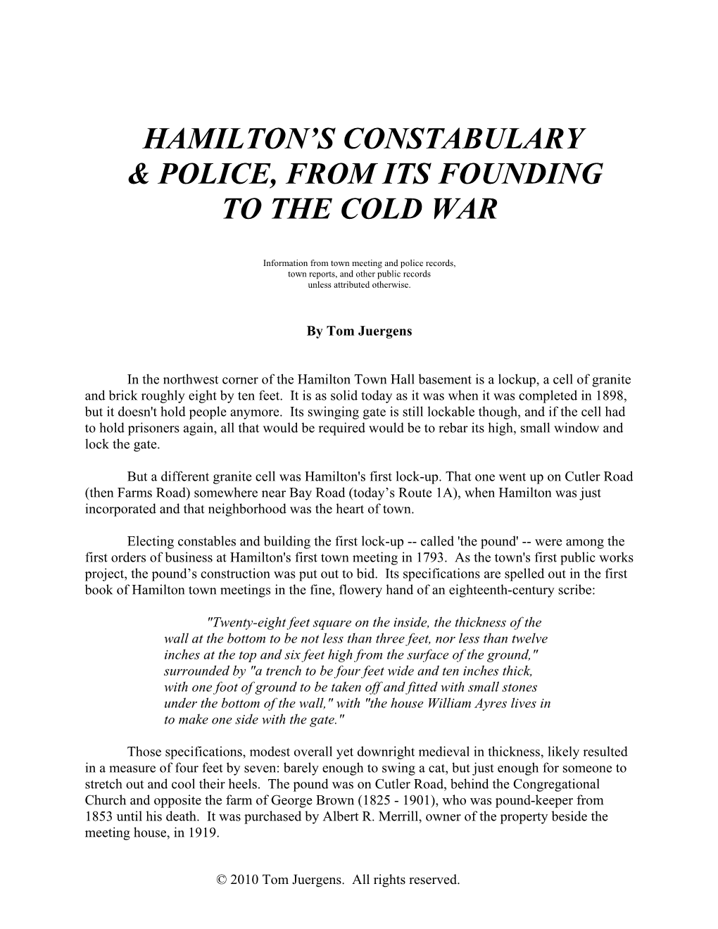 Hamilton's Constabulary & Police, from Its Founding To