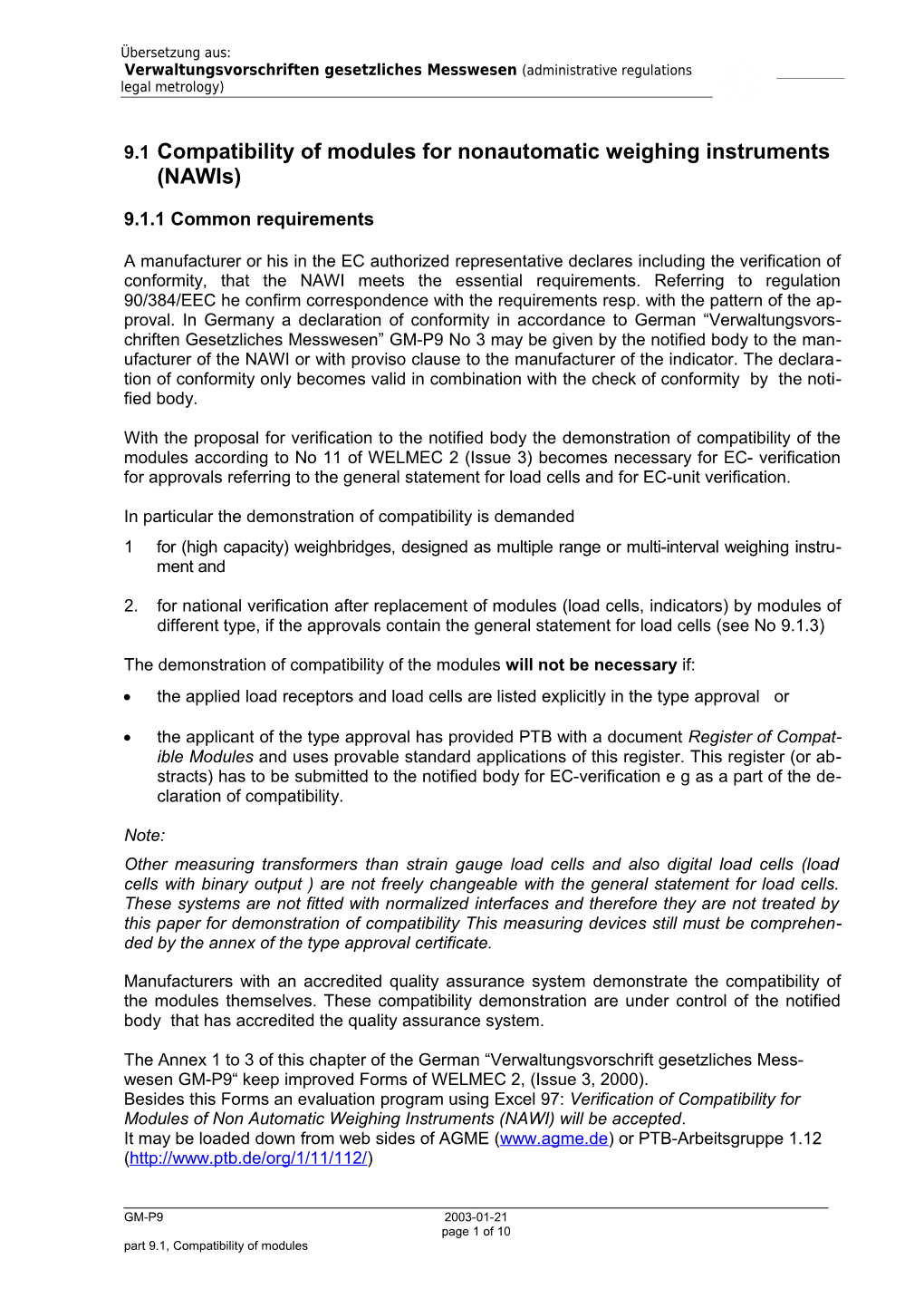 9.1 Compatibility of Modules for Nonautomatic Weighing Instruments (Nawis)