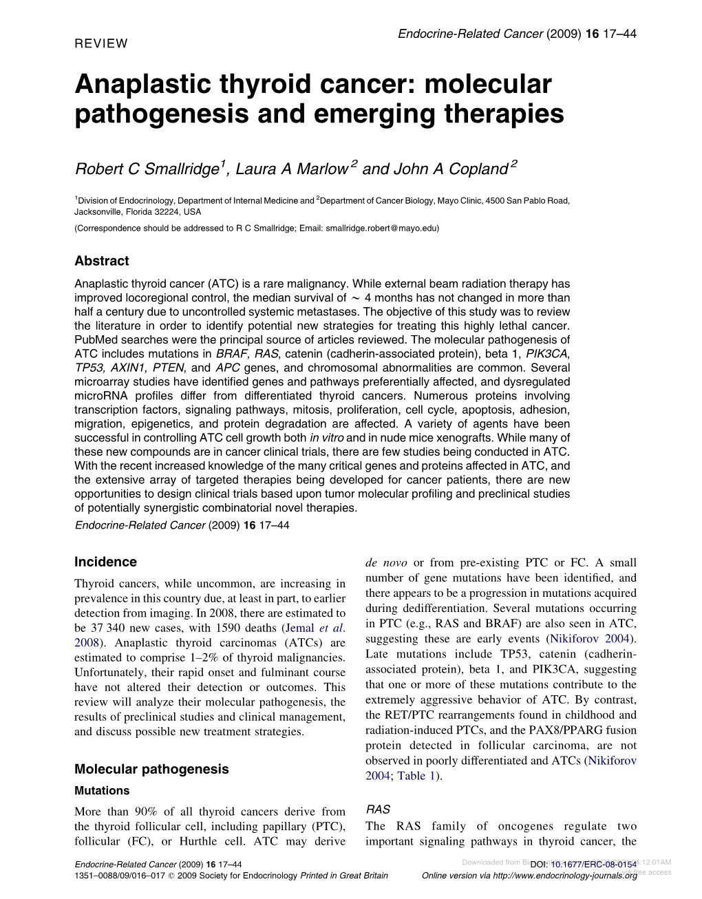 Anaplastic Thyroid Cancer: Molecular Pathogenesis and Emerging Therapies