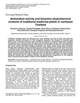 Antioxidant Activity and Bioactive Phytochemical Contents of Traditional Medicinal Plants in Northeast Thailand