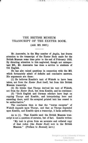 THE BRITISH MUSEUM TRANSCRIPT of the EXETER BOOK. (Ada