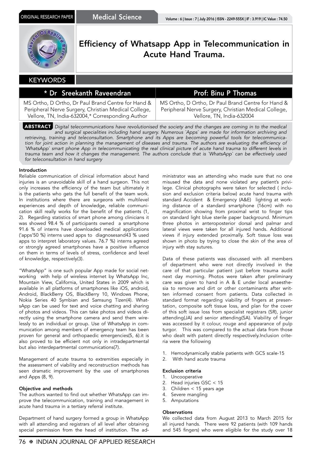 Efficiency of Whatsapp App in Telecommunication in Acute Hand Trauma