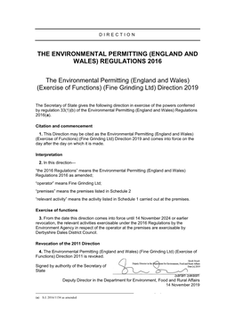 The Environmental Permitting (England and Wales) (Exercise of Functions) (Fine Grinding Ltd) Direction 2019